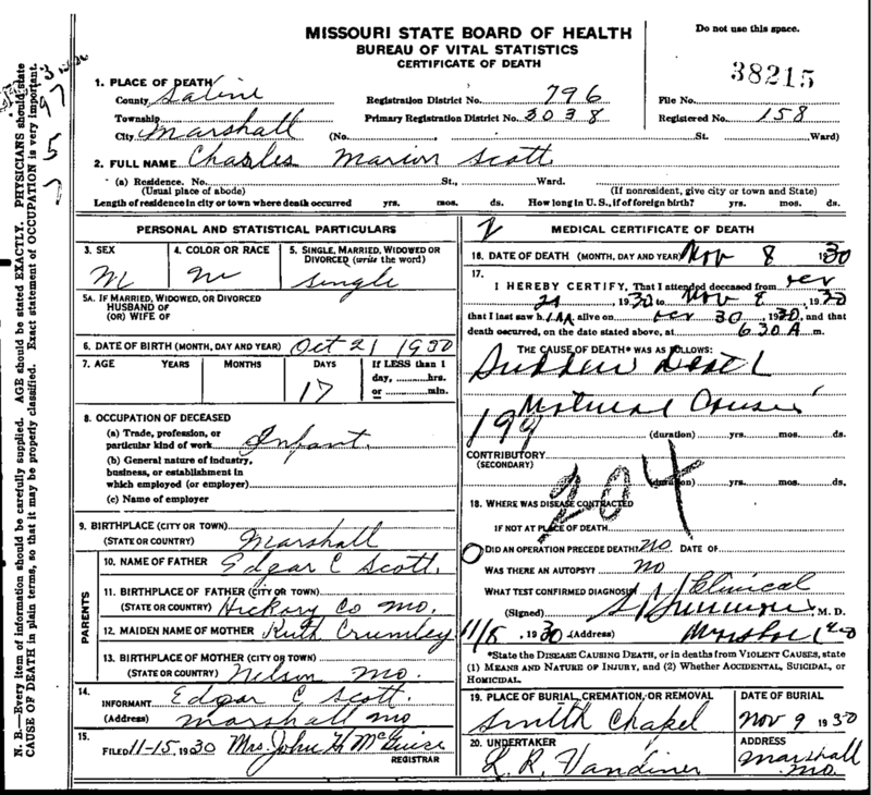 Death certificate of Charles Marion Scott