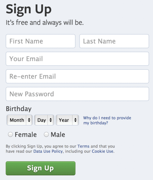 Facebook account creation form